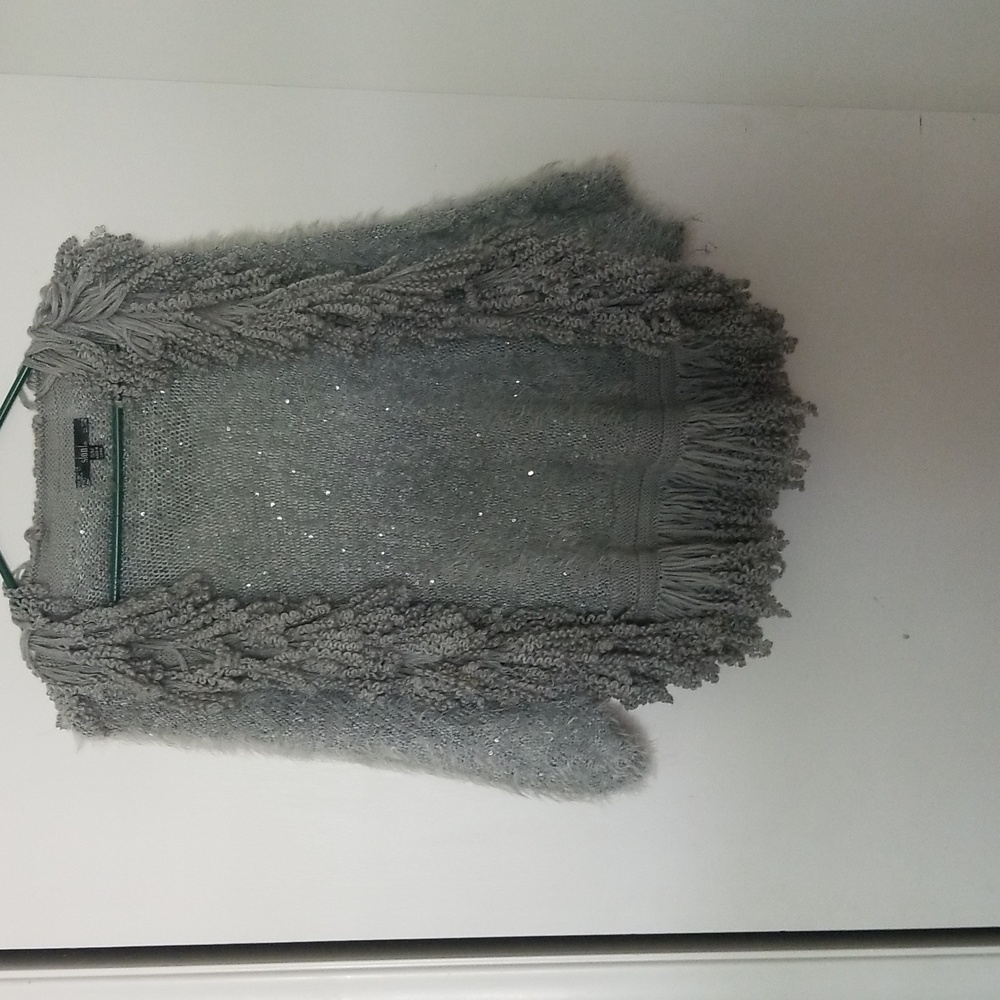 Sioni Open Fringe fuzy Sweater Cardigan With clear sequence throughout it